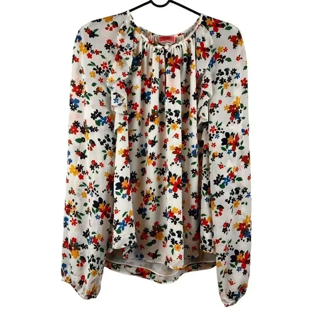 Kate Spade Sailing Floral Ruffle Blouse Ivory Multi Long Sleeve Top NWT Size XL